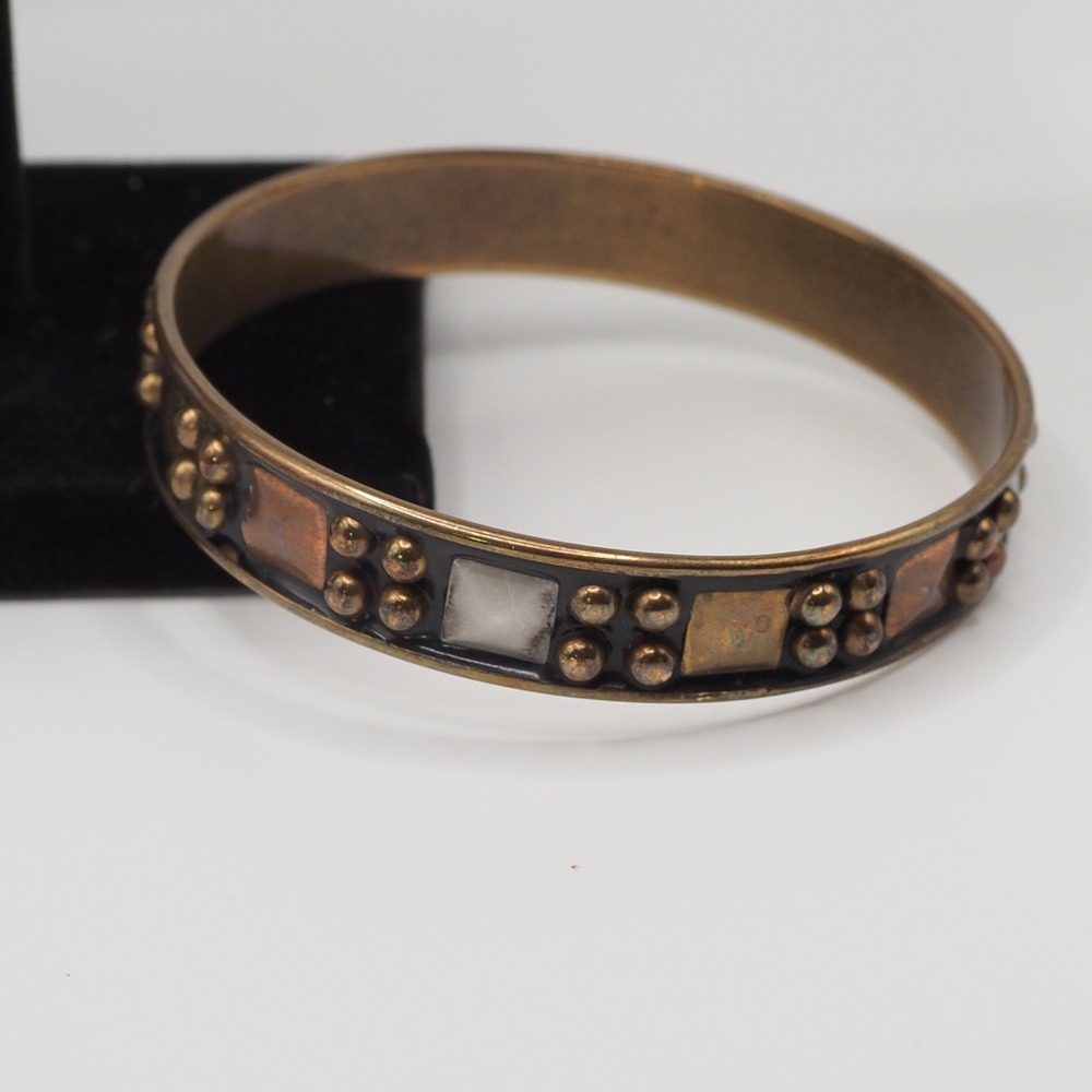 Artisan Bangle Bracelet Black Enamel Metal Stud Pyramid Bronze Silver Multi Tone